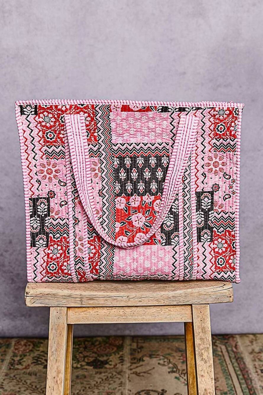 NEW POL women's quilted woven bohemian tote bag in pink multi
